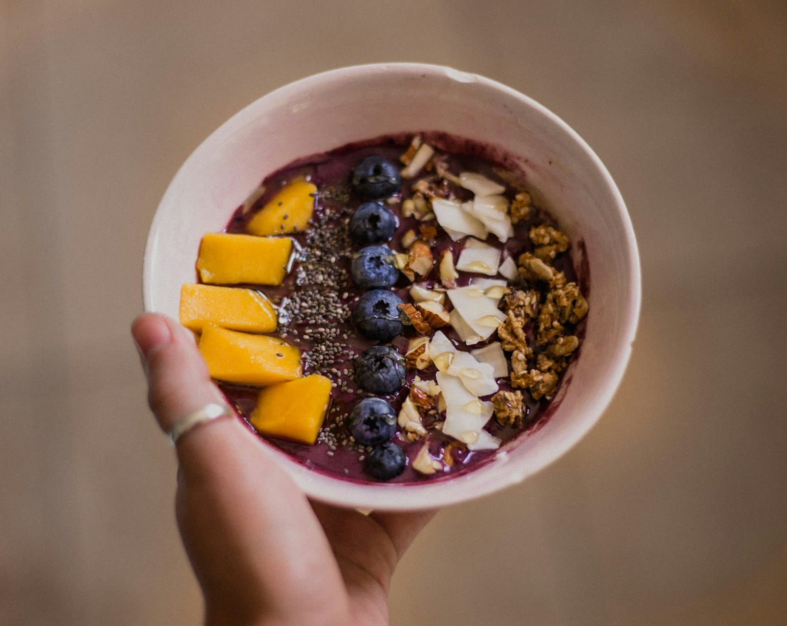 A finished, colourful acai bowl overhead