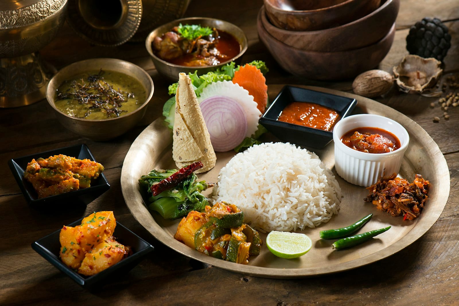 Vegetarian Indian feast laid out on a Gold Coast restaurant table