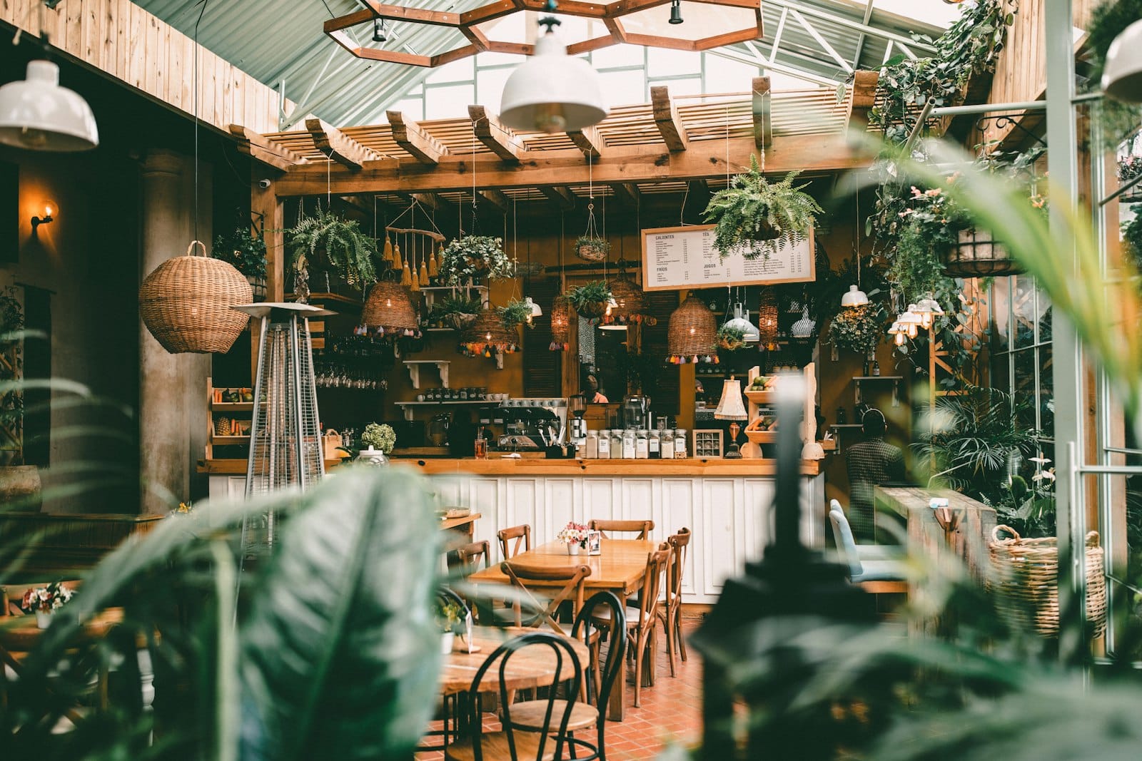 Bright, plant-filled vegan cafe interior on the Gold Coast