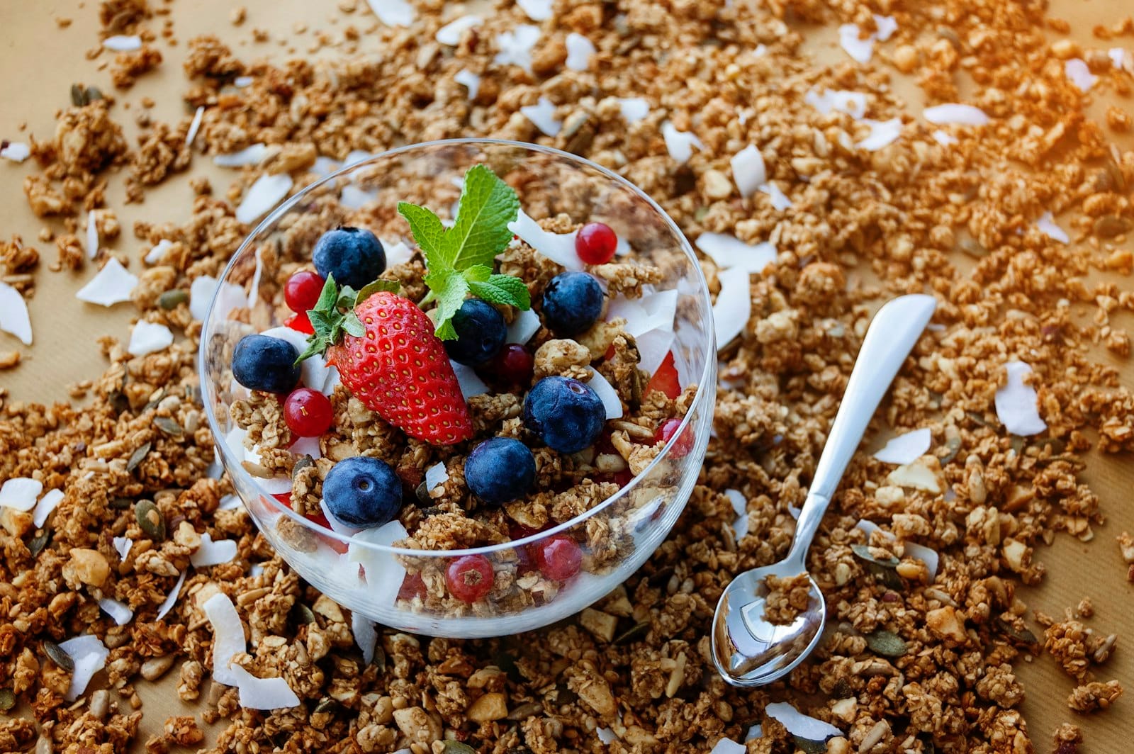 Granola breakfast with fruit and plant milk