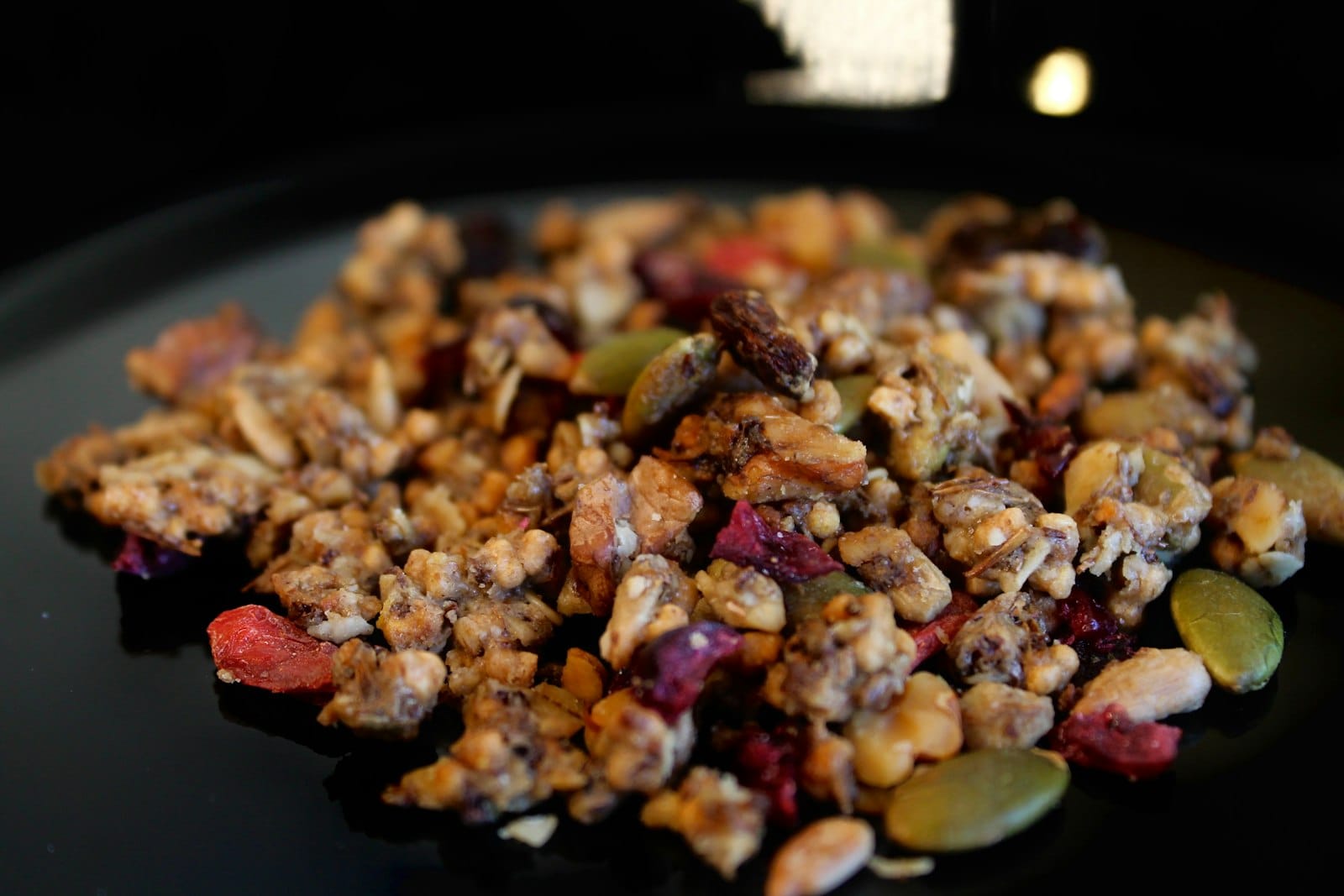 Close-up of golden granola clusters