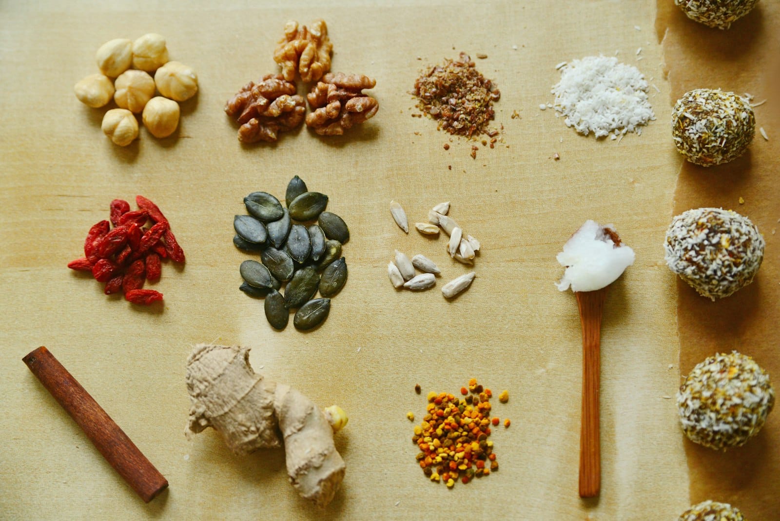 Wholefood ingredients including grains, nuts and seeds