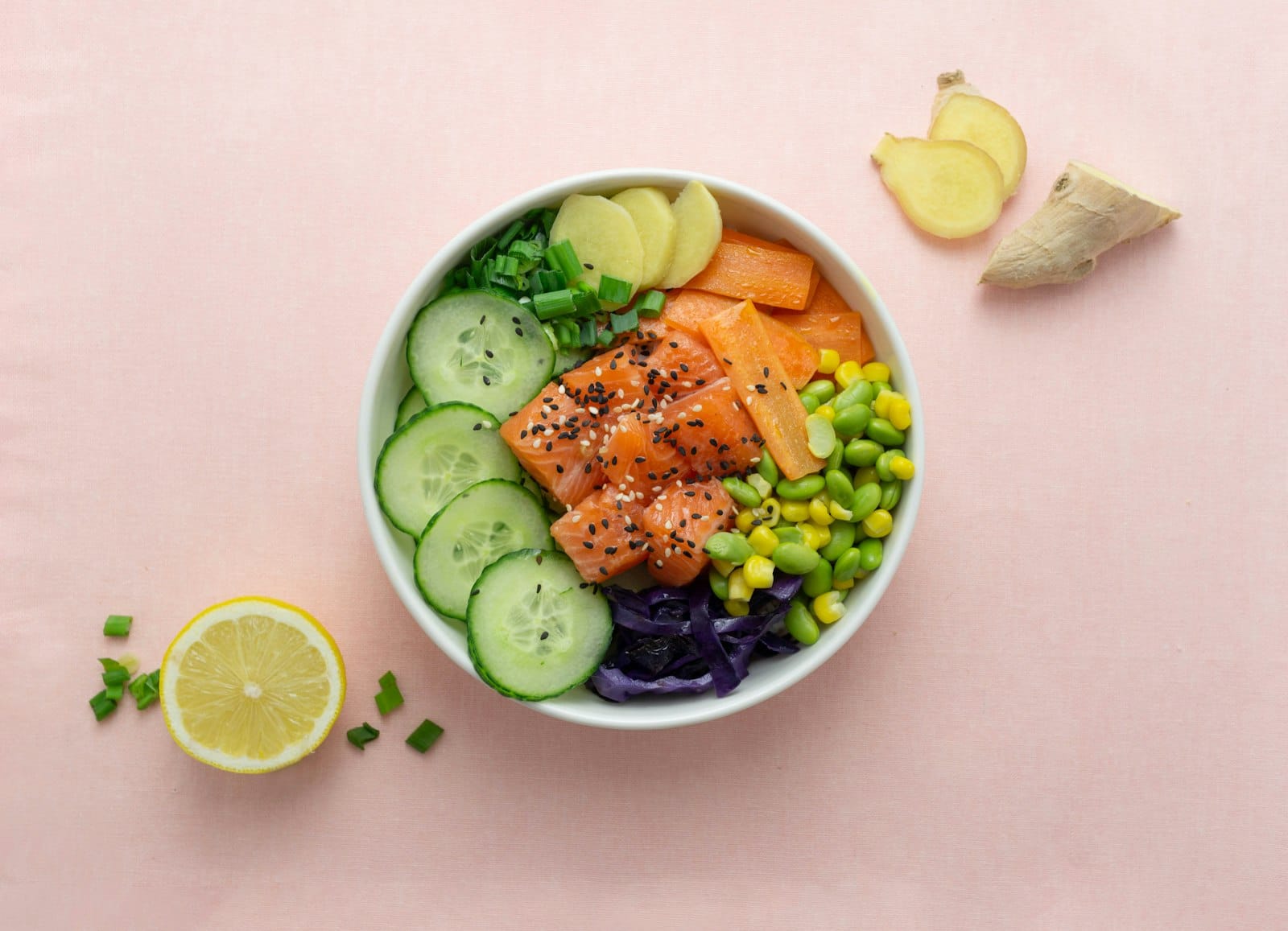 Colourful poke bowl with fresh toppings