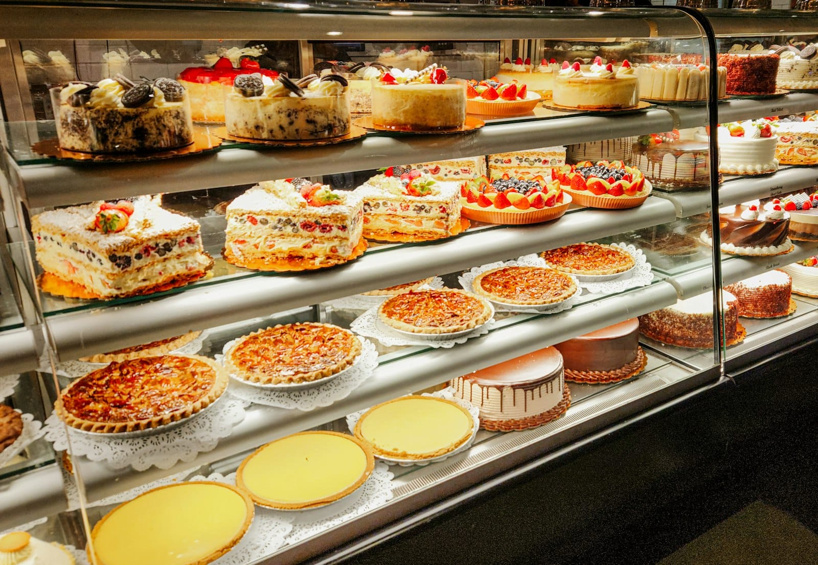 Cakes and sweets at a bakery display