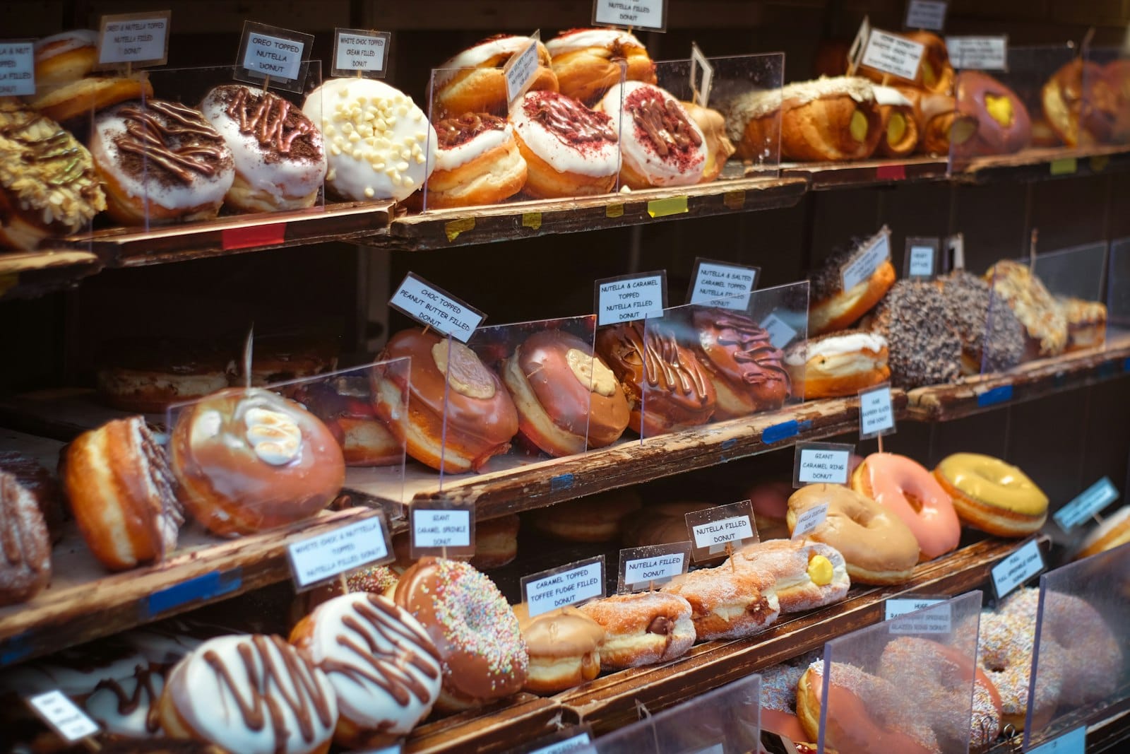 Donuts in a display case