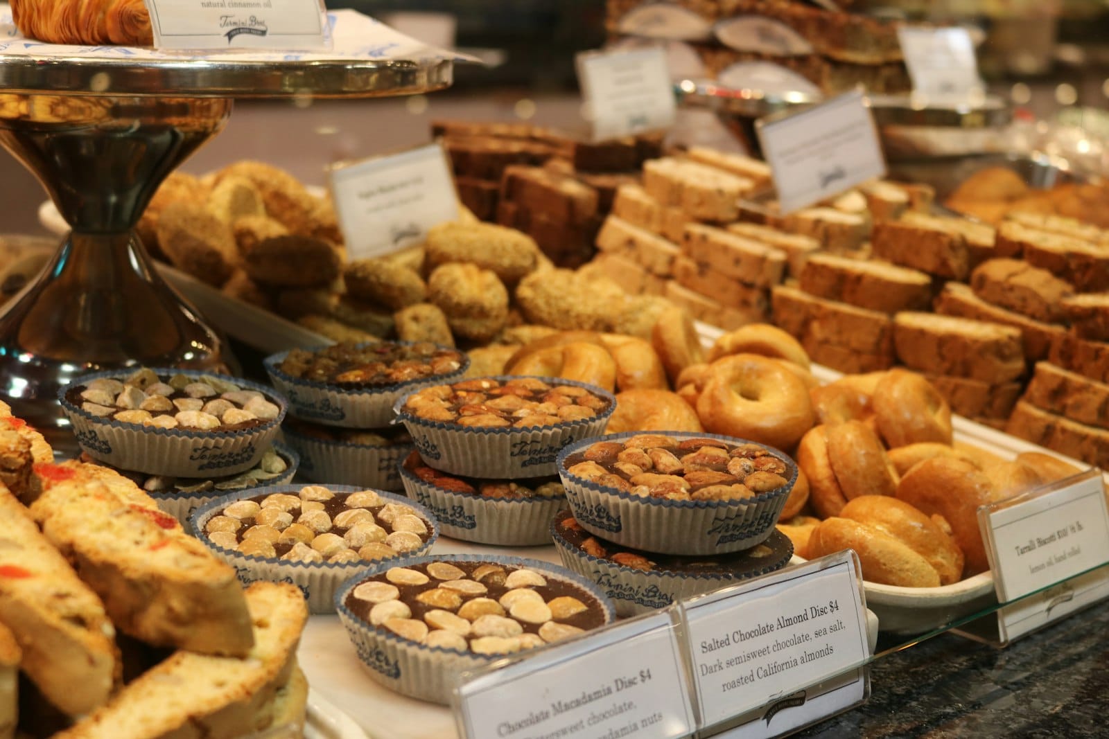 A bakery pastry display case