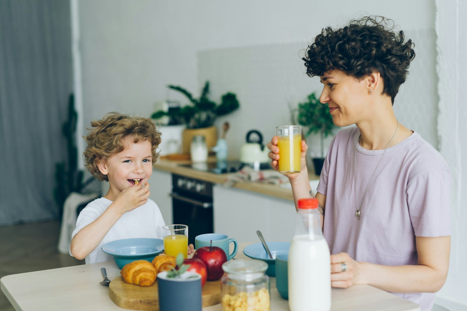 A family breakfast table in the morning