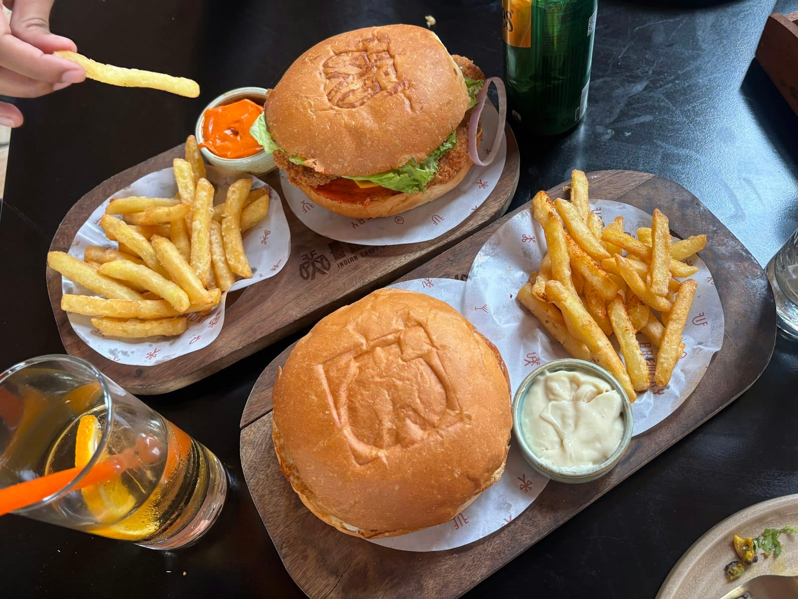A casual burger restaurant table