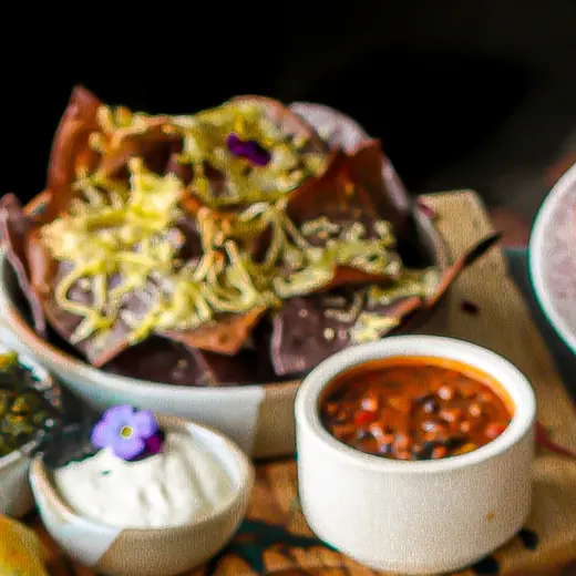 Loaded vegan nachos with guacamole, cashew cream and house salsa