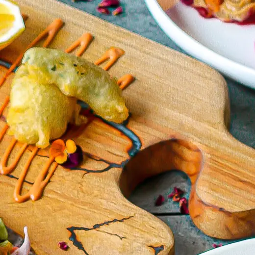 Golden tempura and house chipotle sauce served on a timber board