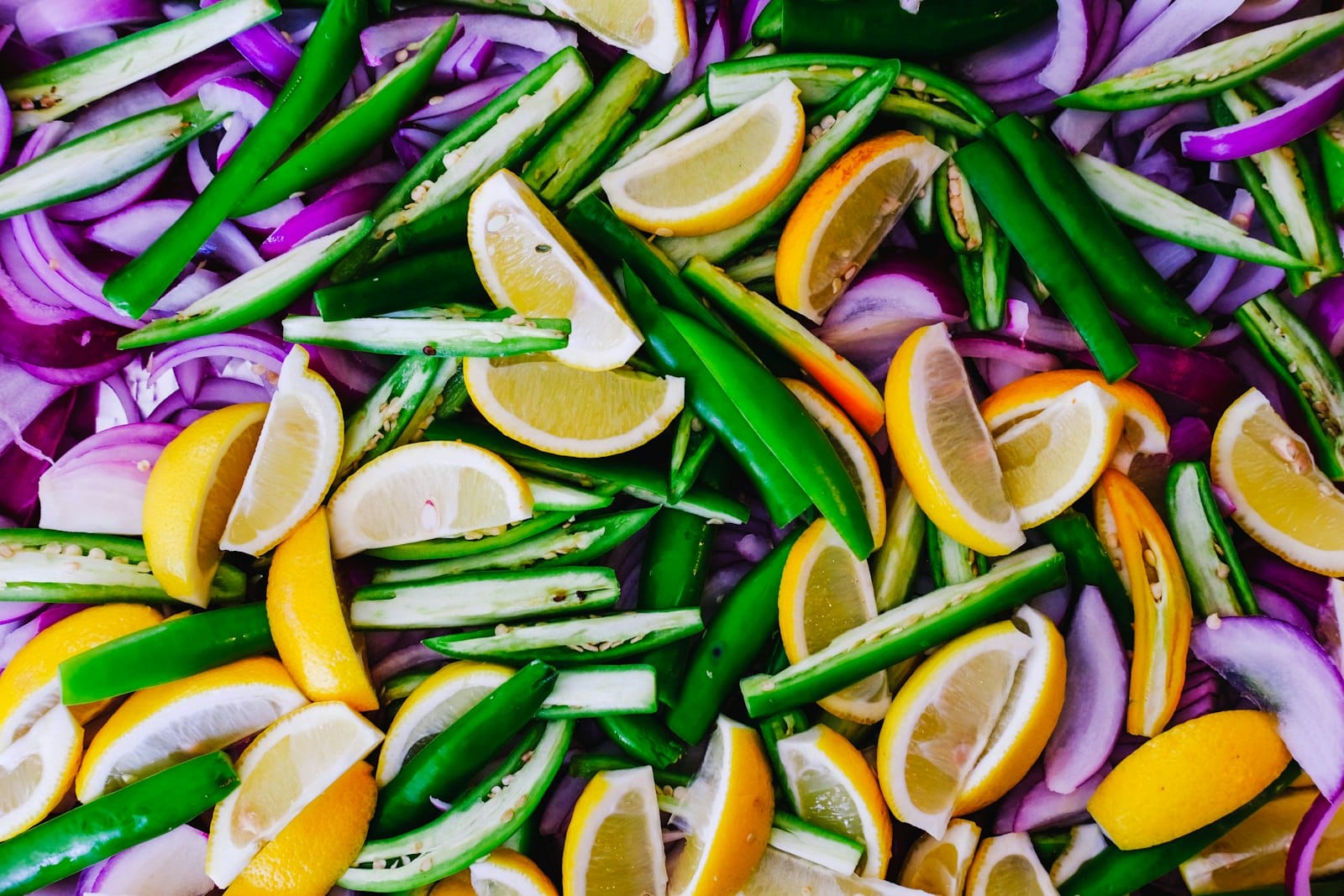 An overhead flat lay of fresh vegetables