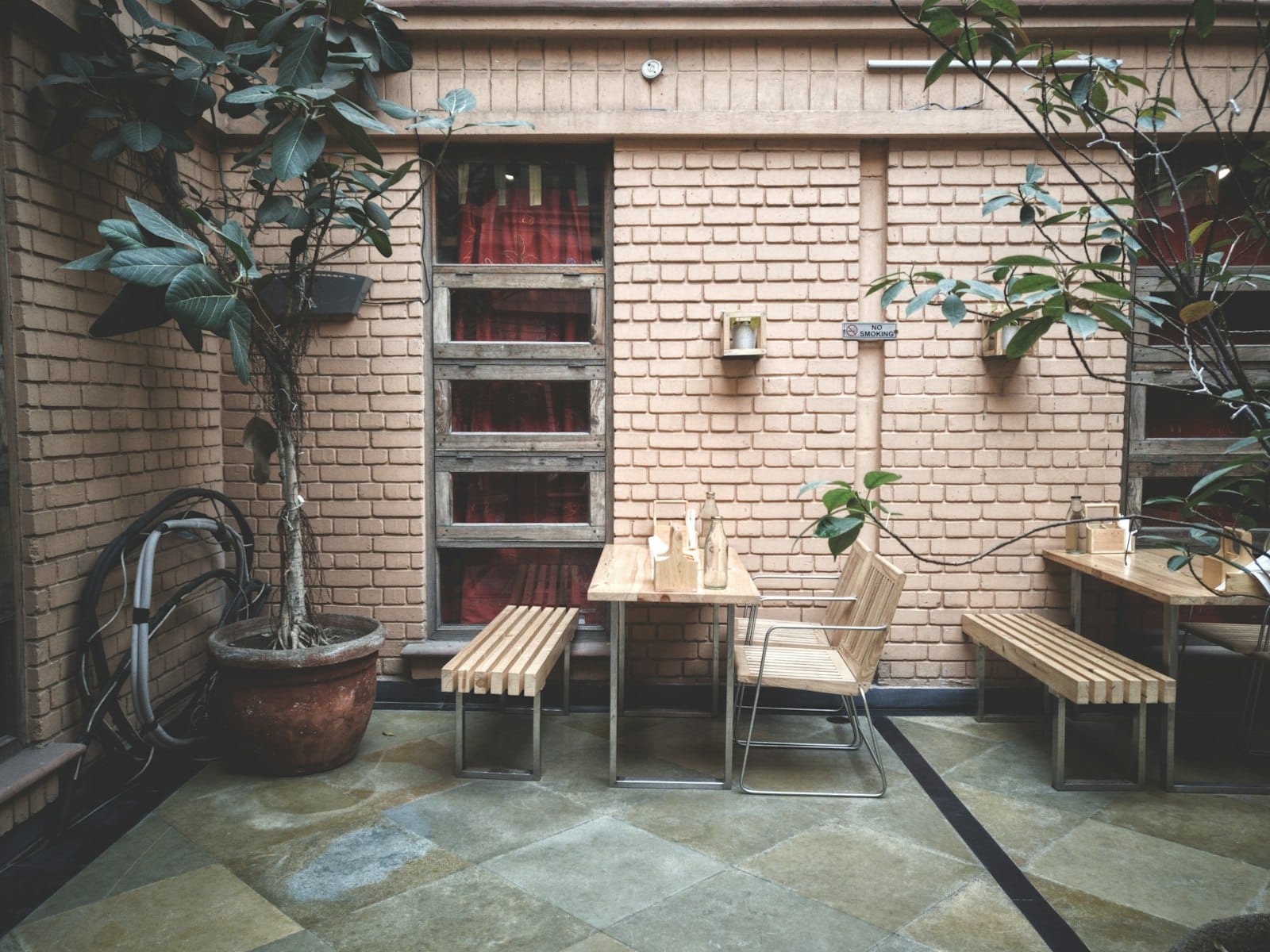 An outdoor cafe seating area