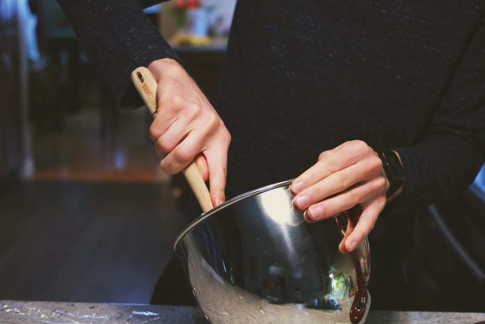 Pancake batter in a mixing bowl