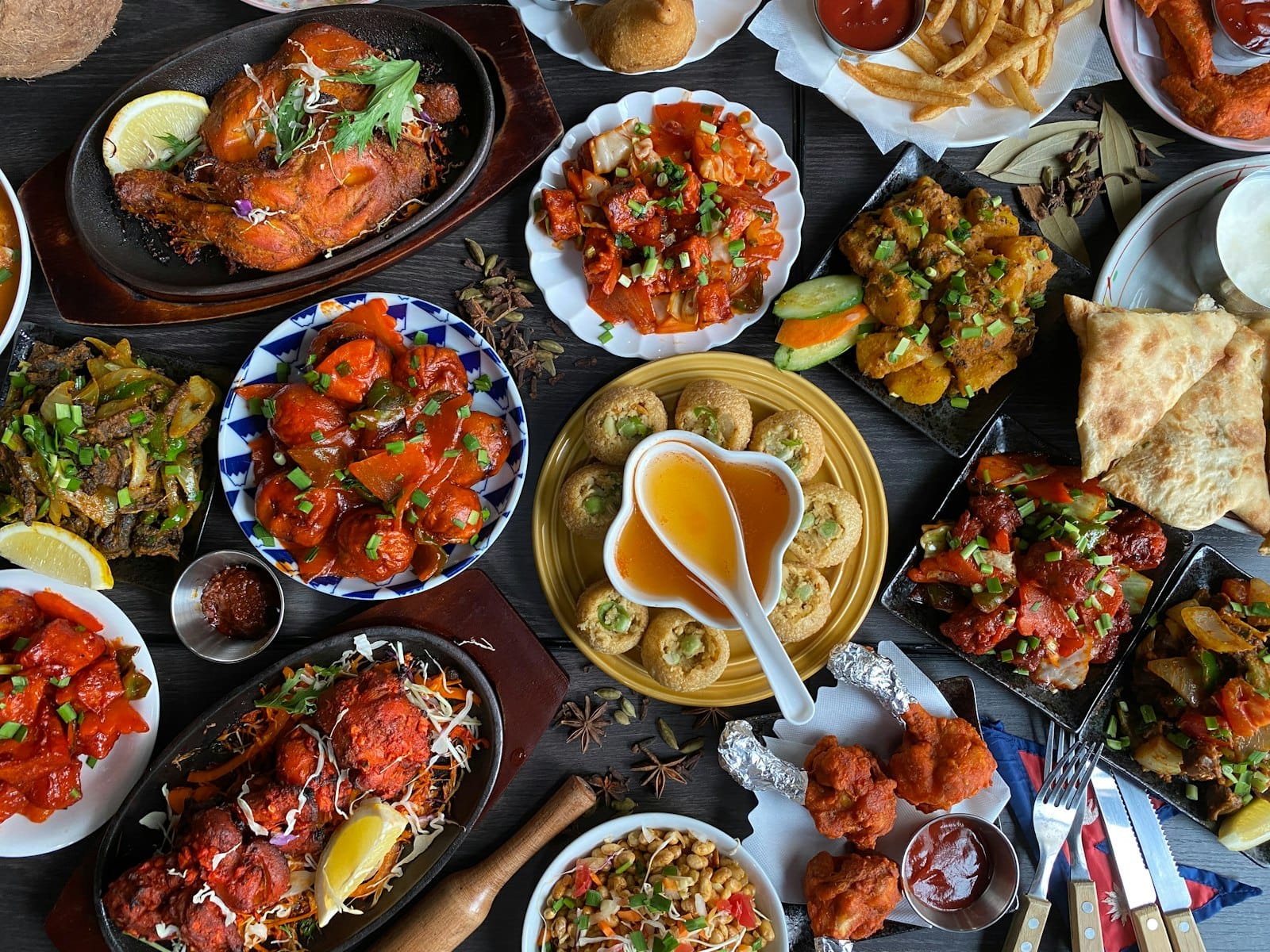 A table of Indian restaurant dishes