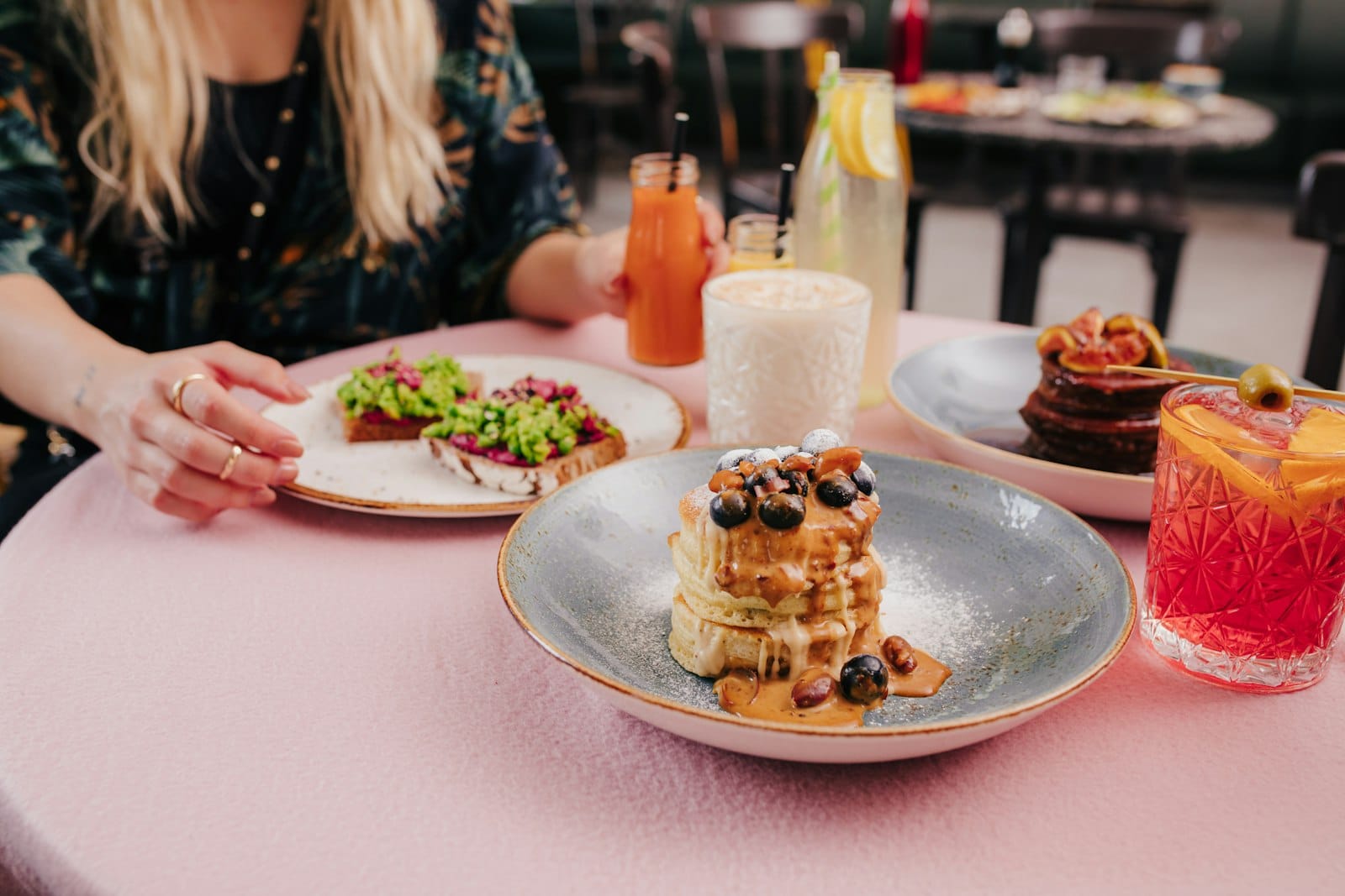 Pancakes served at a cafe brunch table