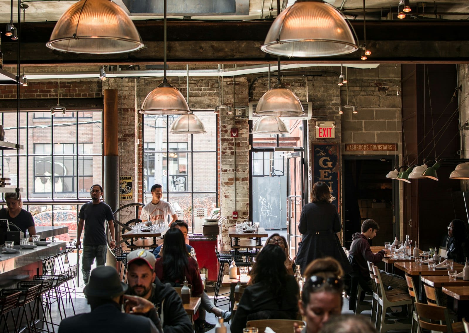 A warm, industrial-style cafe interior