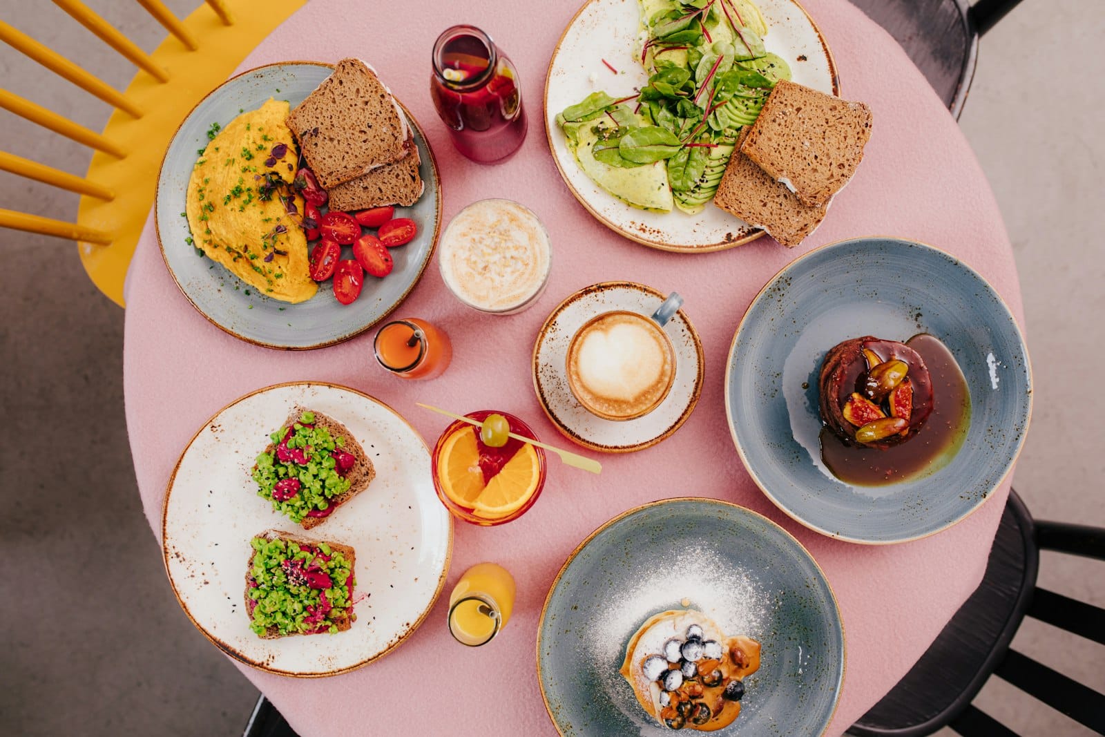 Coffee and brunch on a cafe table