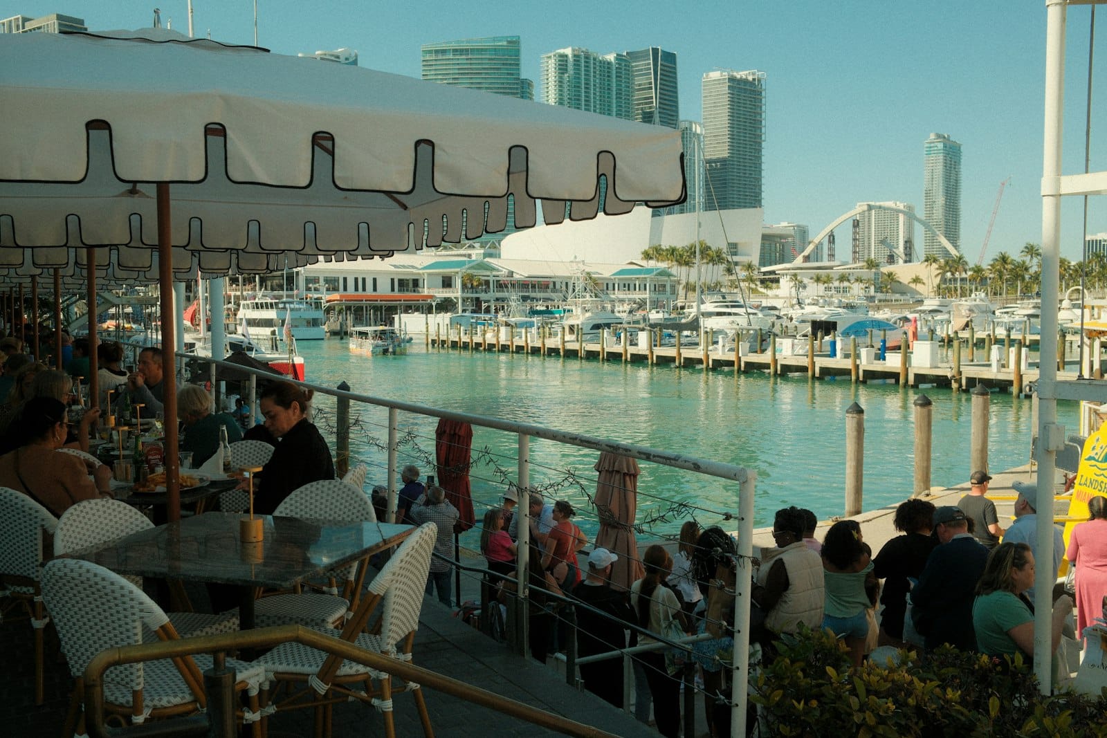 A waterfront restaurant by a marina