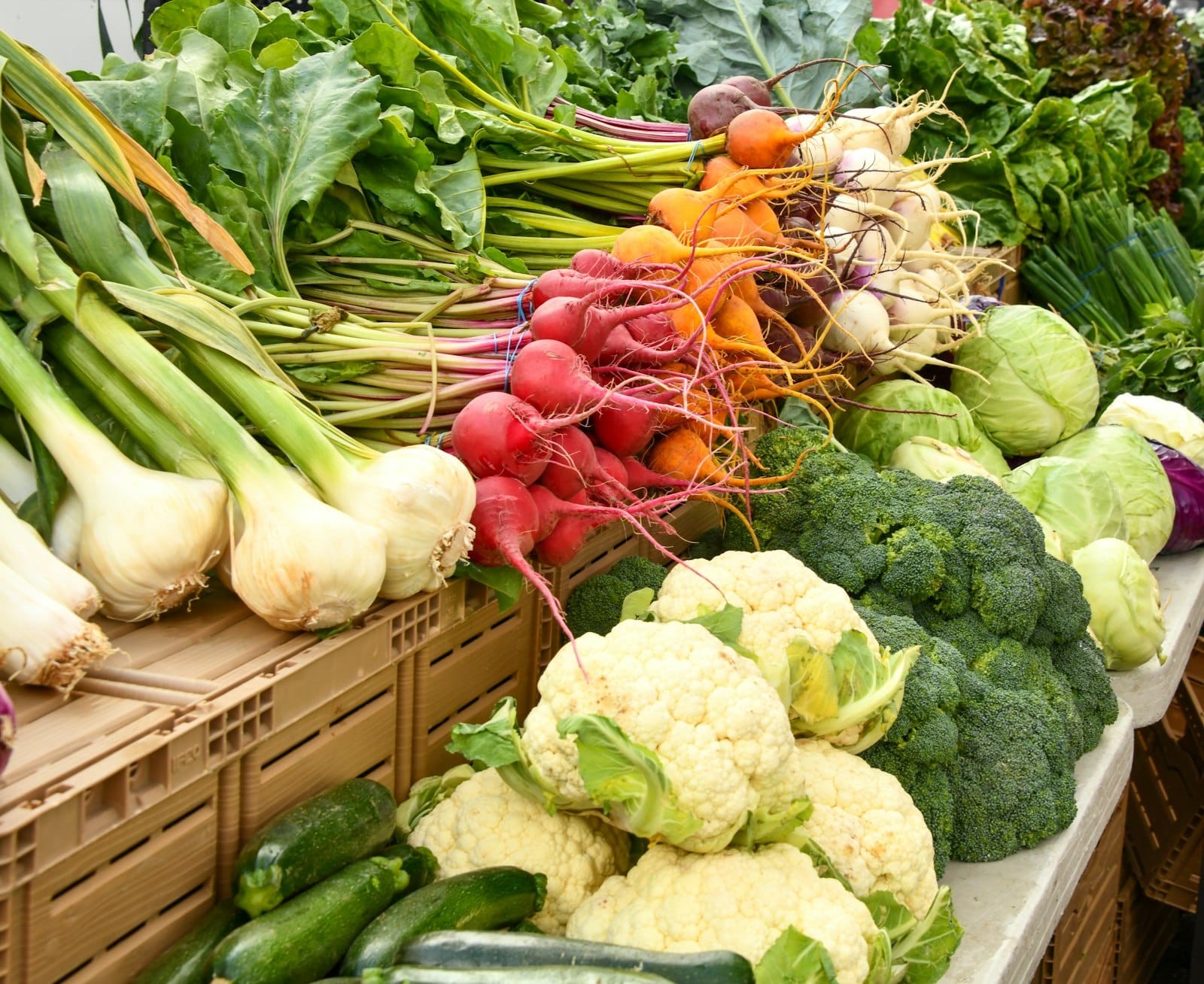 Colourful fresh vegetables at a market stall