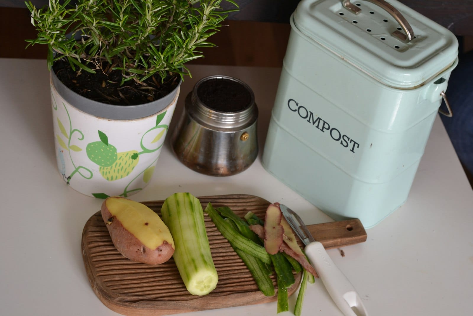 A compost bin in the kitchen